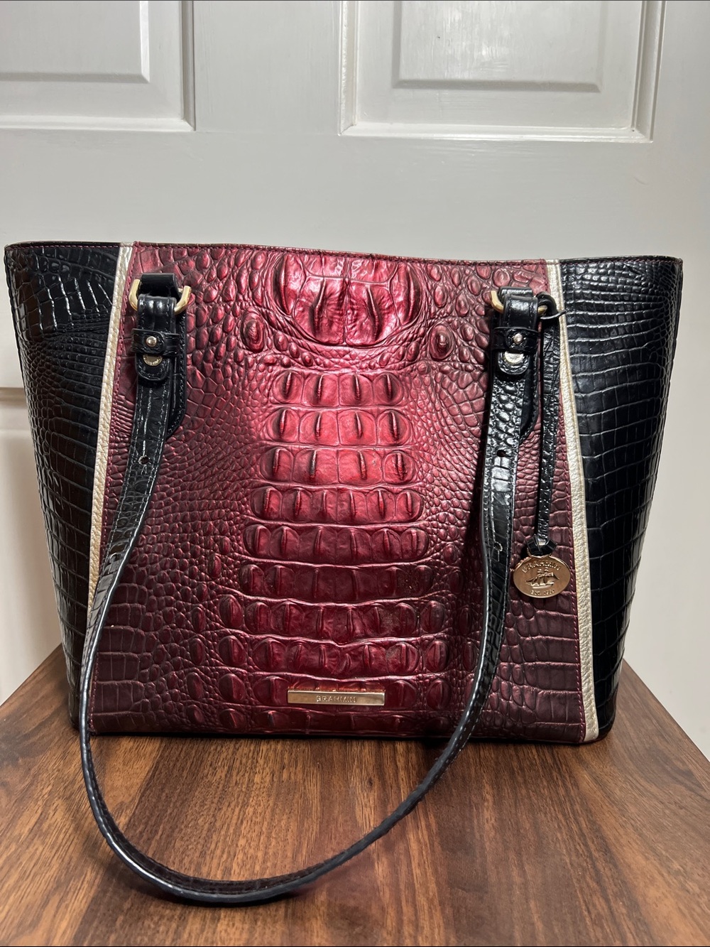 Brahmin Croc-Embossed Tote in Burgundy, Black and Cream Trim